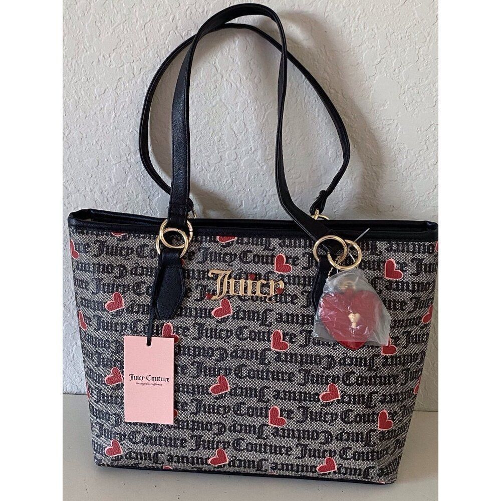 Juicy Couture I Heart Juicy Tote Bag Black With Red Hearts All Over Logo NEW